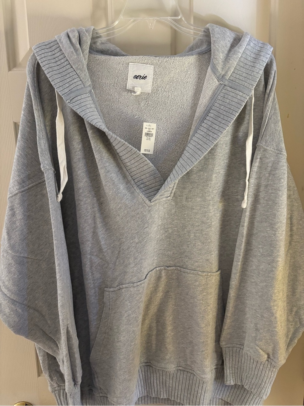 Aerie Light Gray V-Neck Hooded Sweater